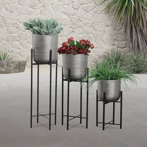 Sagebrook™ Metal Planters On Stand (Set Of 3) - Silver/Black