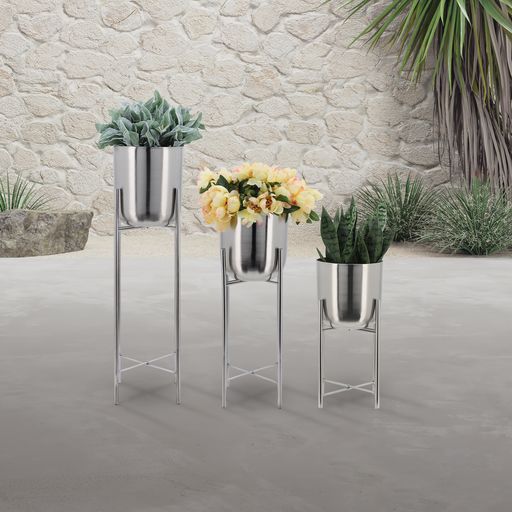 Sagebrook Metal Planters On Stand (Set Of 3) - Silver/Silver