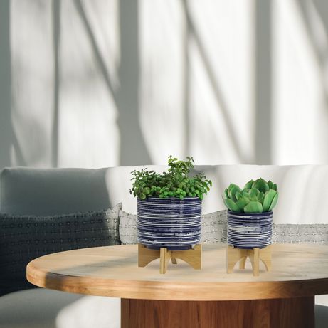 Sagebrook™ 5"/8" Ceramic Planters On Stand (Set Of 2) - Blue