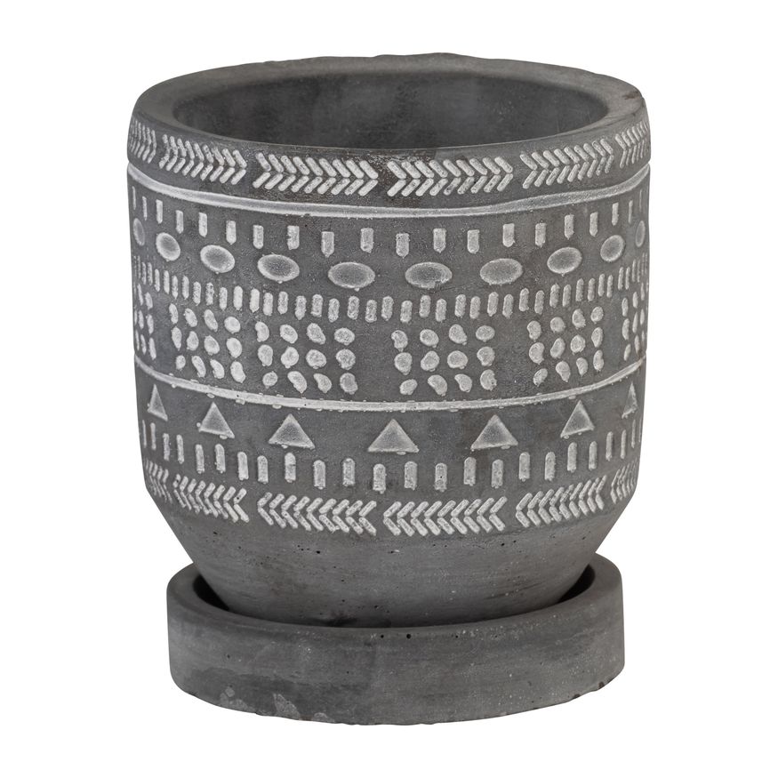 Sagebrook 5" Tribal Pattern Planter With Saucer - Gray