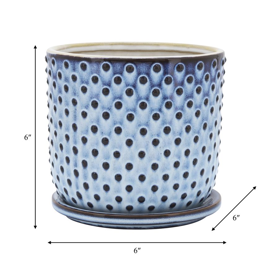 Sagebrook 6" Ceramic Dotted Planter With Saucer - Blue