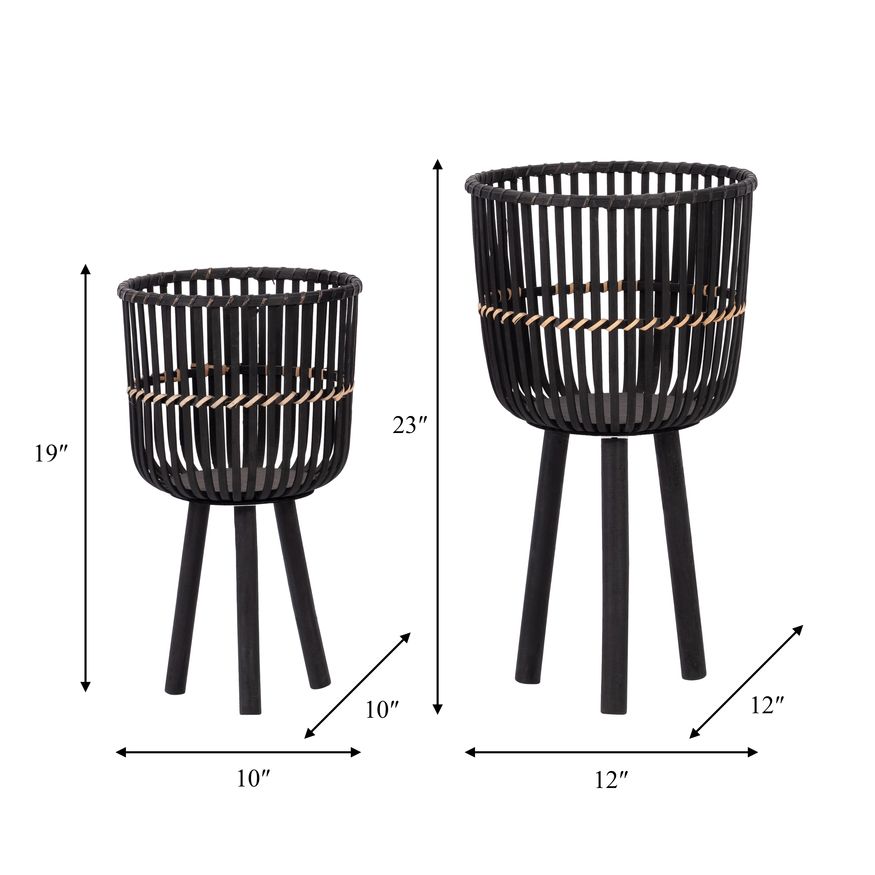 Sagebrook - 10"/12" Bamboo Footed Planters (Set Of 2) in Black