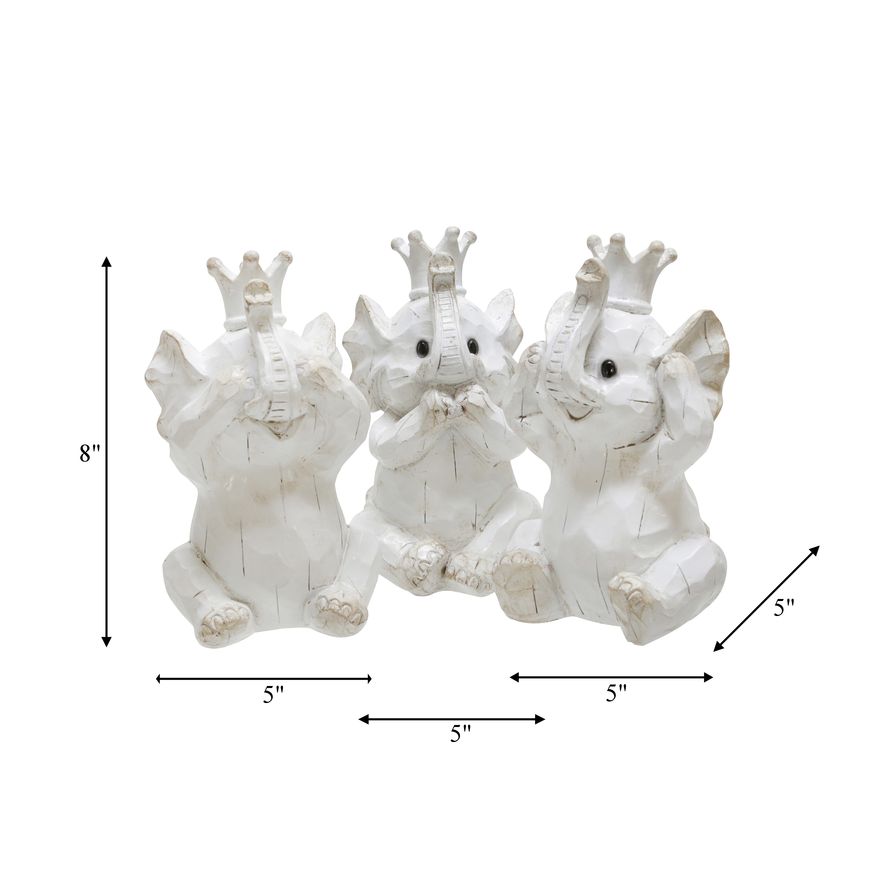 Sagebrook - Resin Hear No, See No Speak, No Elephants (Set Of 3) in White