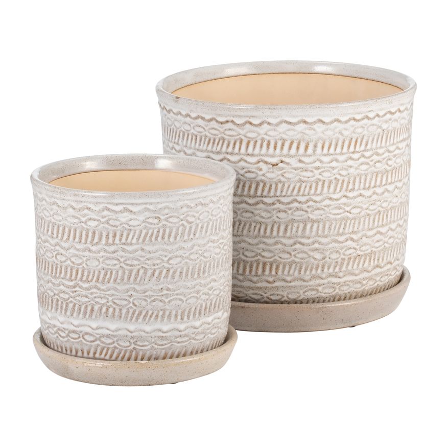 Sagebrook 6"/8" Tribal Planters With Saucer (Set Of 2) - Beige