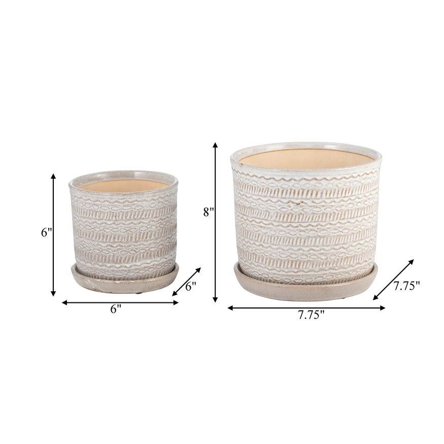 Sagebrook 6"/8" Tribal Planters With Saucer (Set Of 2) - Beige