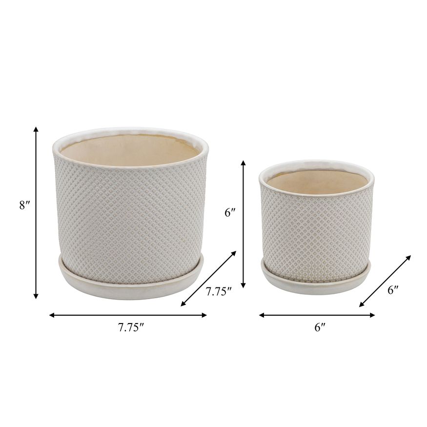 Sagebrook 6"/8" Square Dot Planters With Saucer (Set Of 2) - Beige