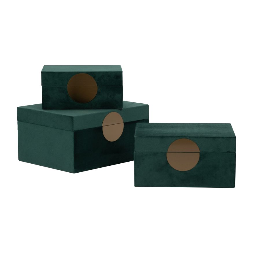 Sagebrook 7"/8"/9" Velveteen Box With Round Medallion (Set Of 3) - Green