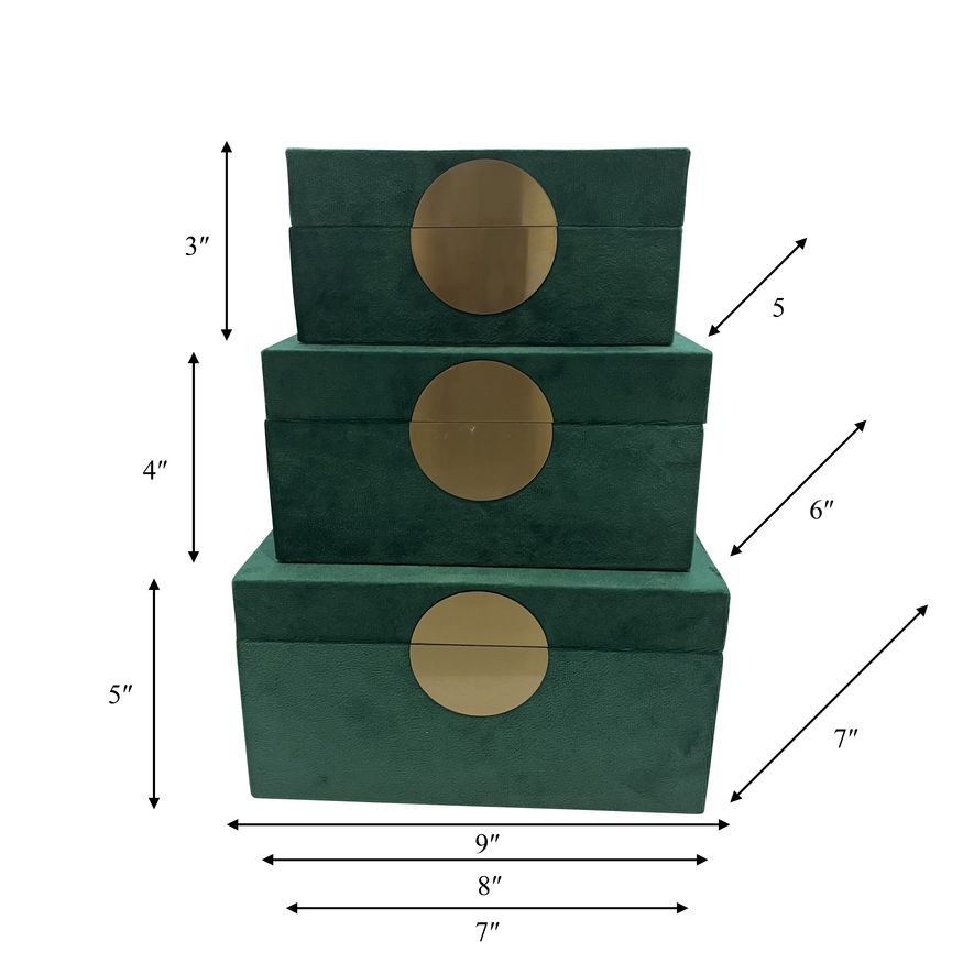 Sagebrook 7"/8"/9" Velveteen Box With Round Medallion (Set Of 3) - Green