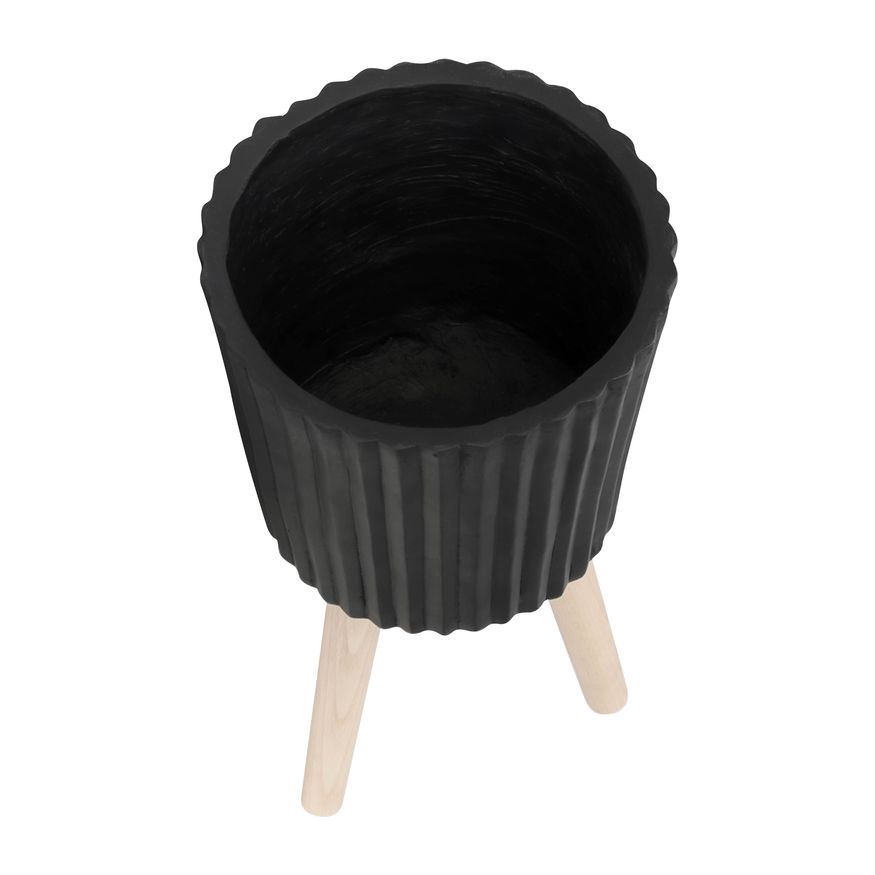 Sagebrook 10"/12" Ridged Planters With Wood Legs (Set Of 2) - Black (kd)