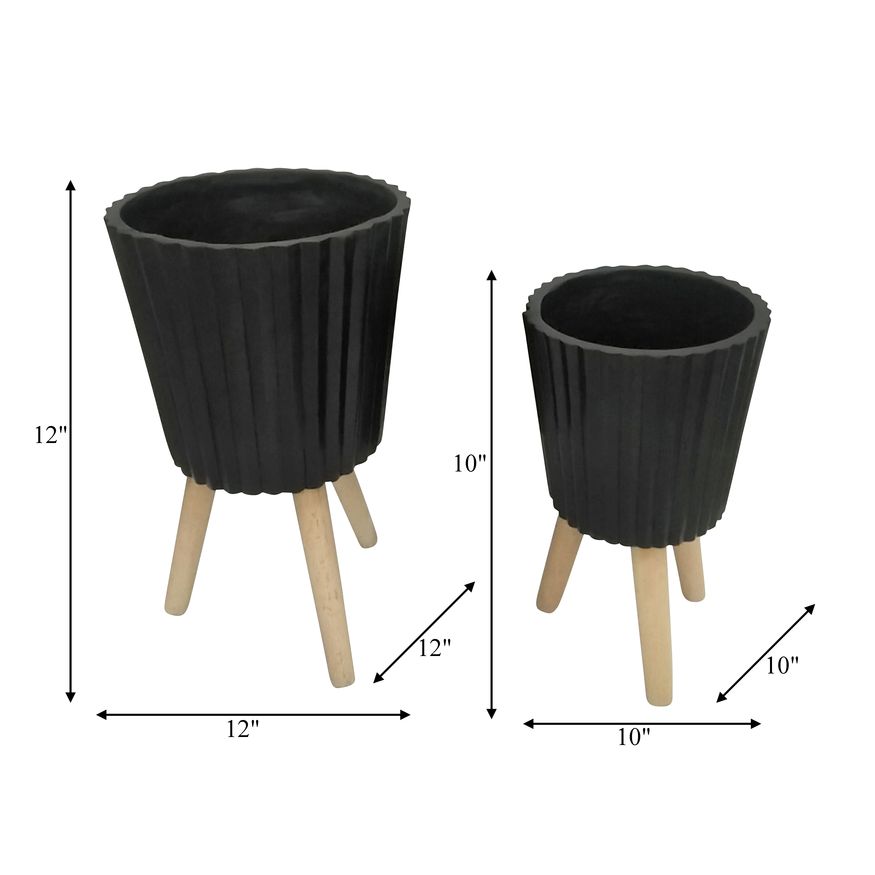 Sagebrook 10"/12" Ridged Planters With Wood Legs (Set Of 2) - Black (kd)