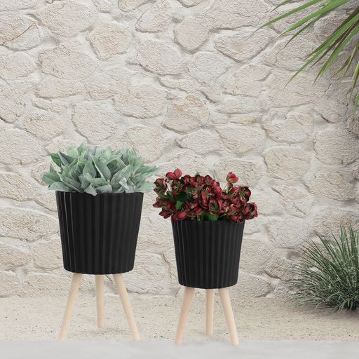 Sagebrook 10"/12" Ridged Planters With Wood Legs (Set Of 2) - Black (kd)