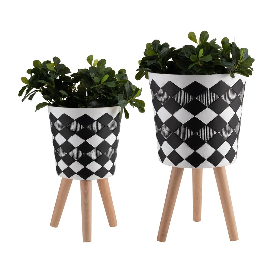 Sagebrook 10"/12" Diamond Planters With Wood Legs (Set Of 2) - Black (kd)