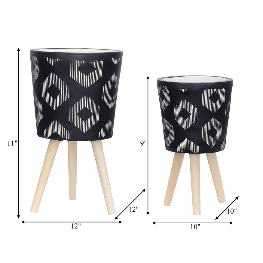 Sagebrook 10"/12" Diamond Planters With Wood Legs (Set Of 2) - Black (kd)