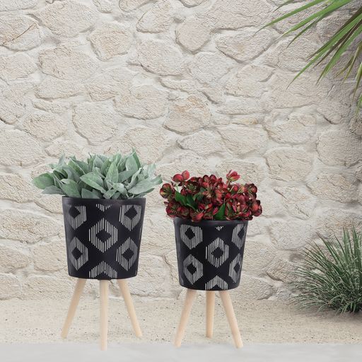 Sagebrook 10"/12" Diamond Planters With Wood Legs (Set Of 2) - Black (kd)