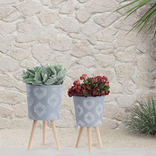 Sagebrook 10"/12" Diamond Planters With Wood Legs (Set Of 2) - Gray (kd)