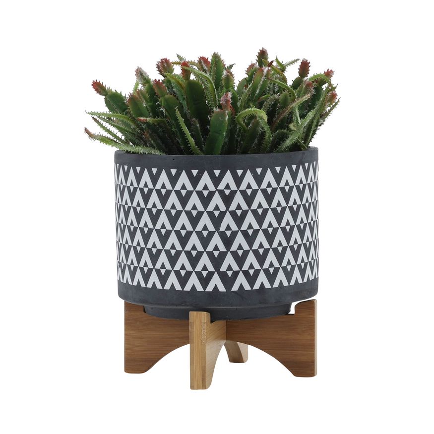 Sagebrook 8" Ceramic Aztec Planter On Wooden Stand - Gray