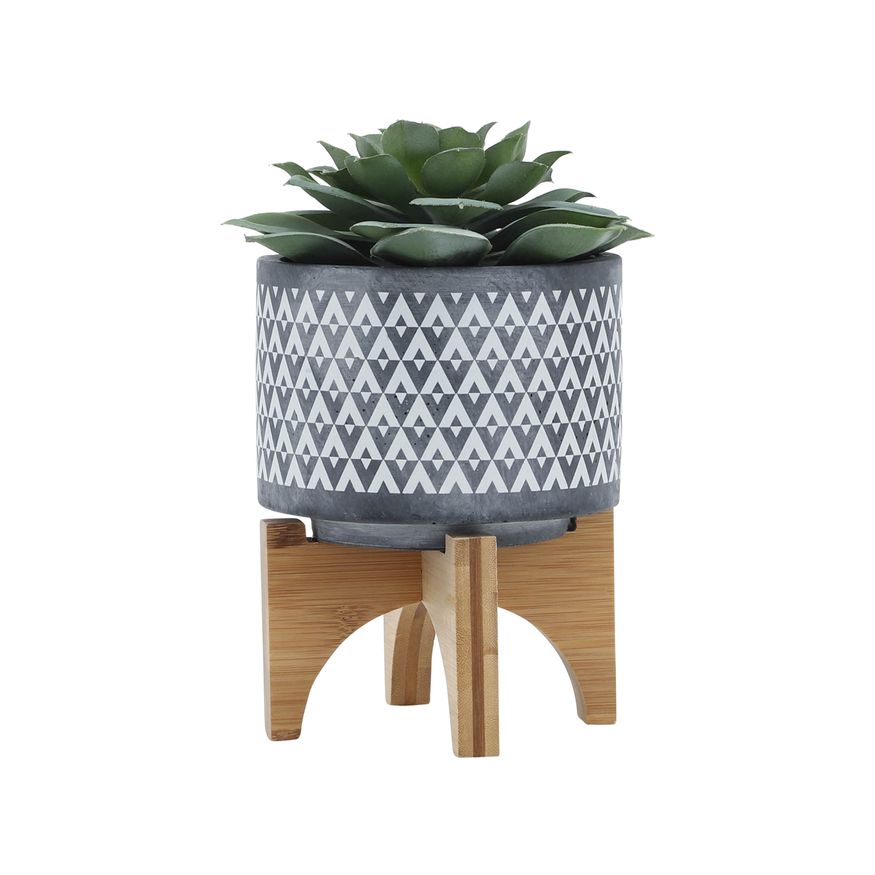 Sagebrook 5" Ceramic Aztec Planter On Wooden Stand - Gray