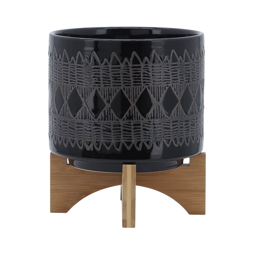 Sagebrook 8" Ceramic Aztec Planter On Wooden Stand - Black