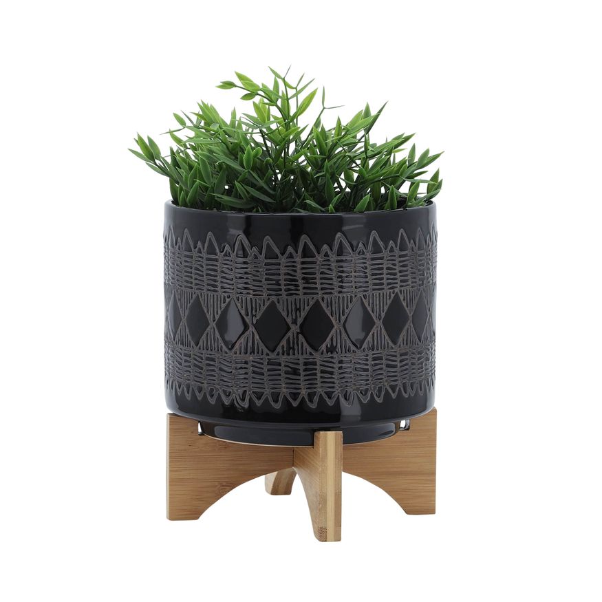 Sagebrook 8" Ceramic Aztec Planter On Wooden Stand - Black