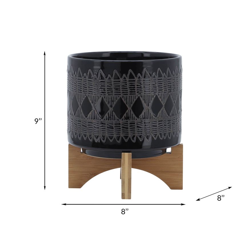 Sagebrook 8" Ceramic Aztec Planter On Wooden Stand - Black