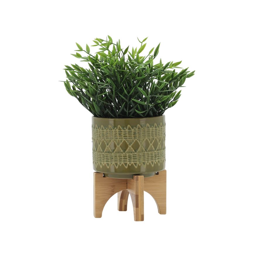 Sagebrook 5" Ceramic Aztec Planter On Wooden Stand - Olive