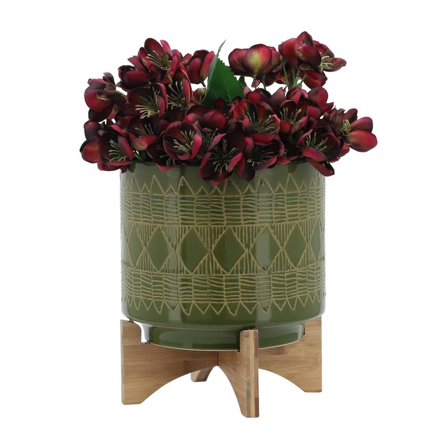 Sagebrook 10" Ceramic Aztec Planter On Wooden Stand - Olive