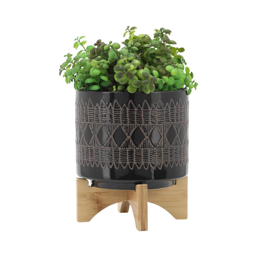 Sagebrook 5"/8" Ceramic Aztec Planters On Wooden Stand (Set Of 2) - Black