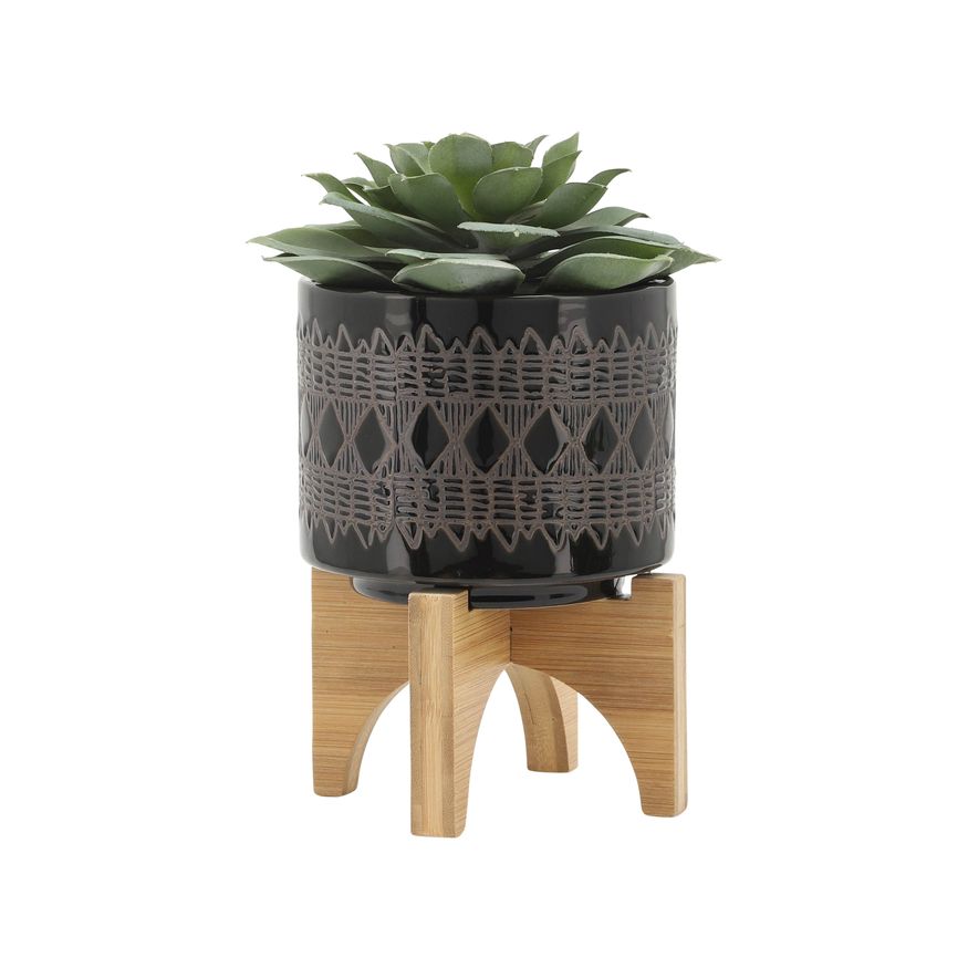 Sagebrook 5"/8" Ceramic Aztec Planters On Wooden Stand (Set Of 2) - Black