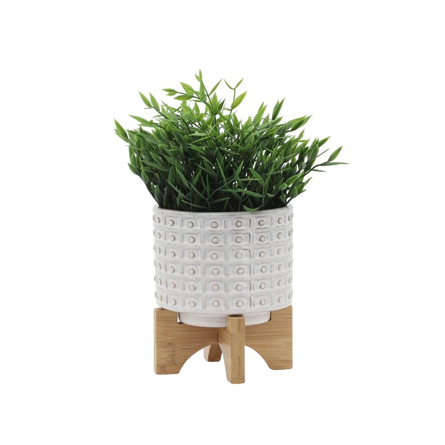 Sagebrook 5" Ceramic Dotted Planter With Wood Stand - Ivory