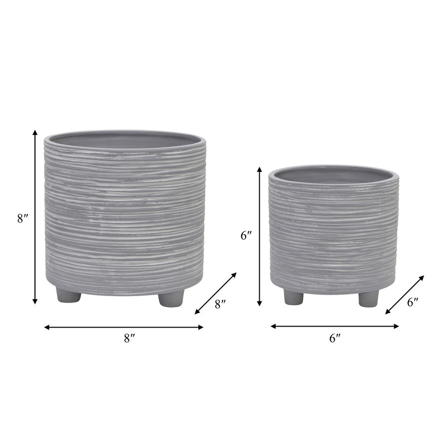 Sagebrook 6"/8" Footed Planters With Lines (Set Of 2) - Gray