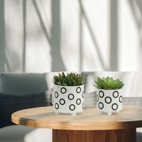 Sagebrook 6"/8" Footed Planters With Circles (Set Of 2) - Ivory