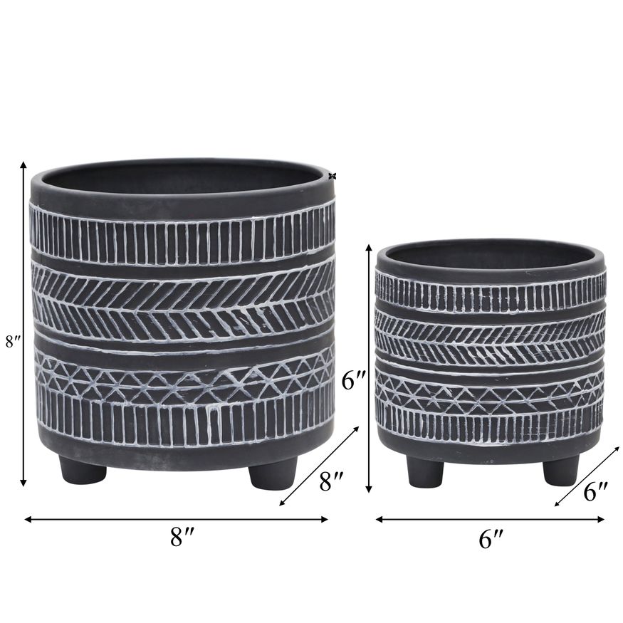 Sagebrook 6"/8" Tribal Look Footed Planters (Set Of 2) - Black