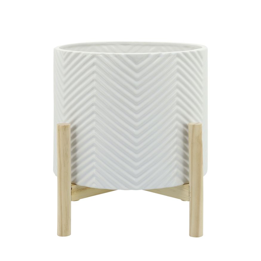 Sagebrook 12" Ceramic Chevron Planter With Wood Stand