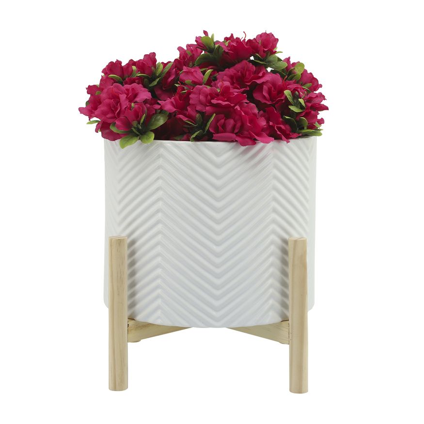 Sagebrook 12" Ceramic Chevron Planter With Wood Stand - White