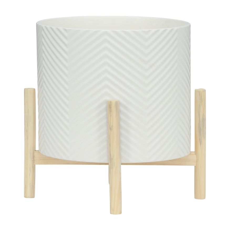 Sagebrook 12" Ceramic Chevron Planter With Wood Stand - White