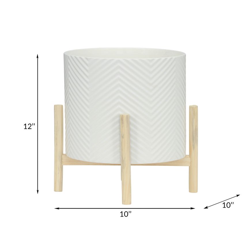 Sagebrook 12" Ceramic Chevron Planter With Wood Stand - White