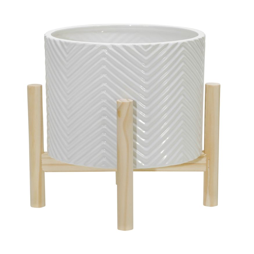 Sagebrook 8" Ceramic Chevron Planter With Wood Stand - White