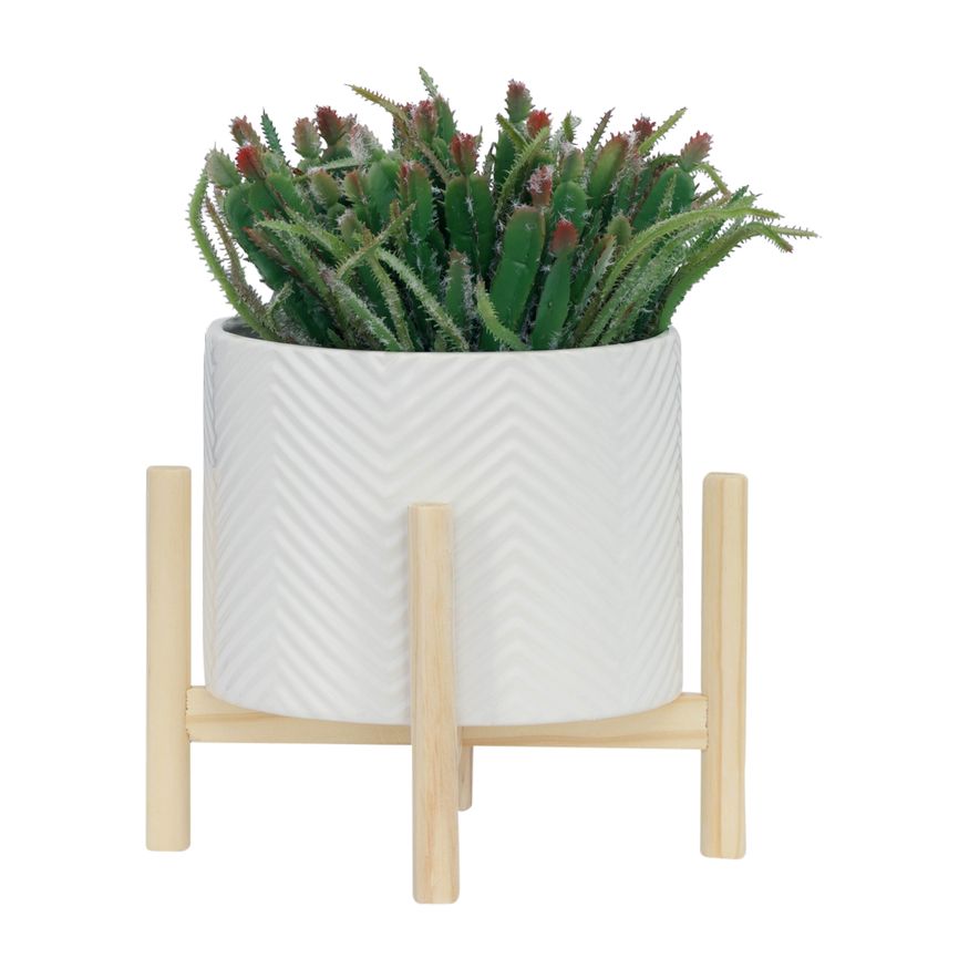 Sagebrook 8" Ceramic Chevron Planter With Wood Stand - White