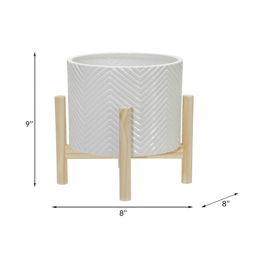 Sagebrook 8" Ceramic Chevron Planter With Wood Stand - White