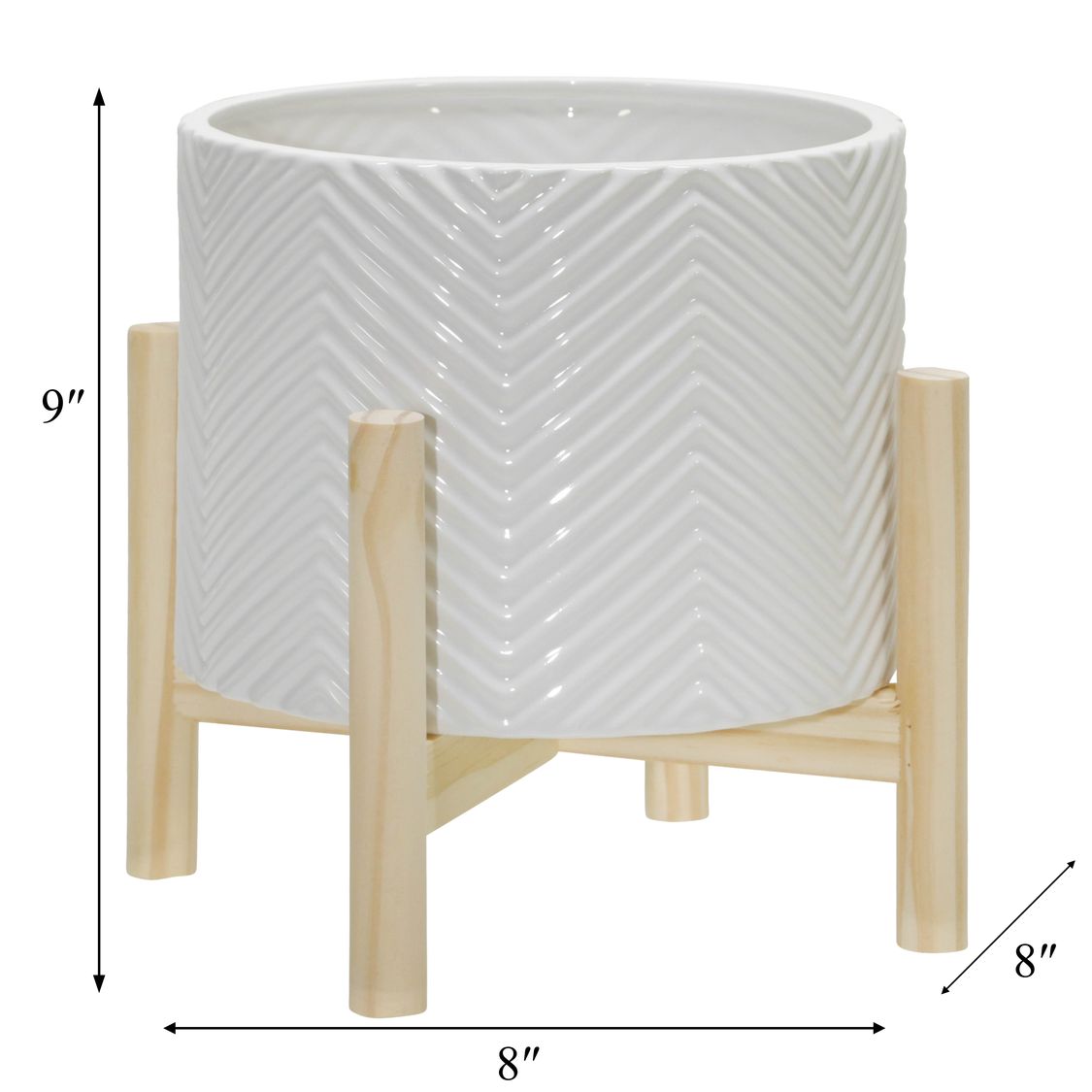 Sagebrook 8" Ceramic Chevron Planter With Wood Stand - White