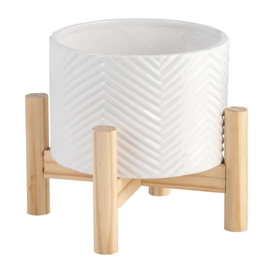 Sagebrook 12" Ceramic Chevron Planter With Wood Stand