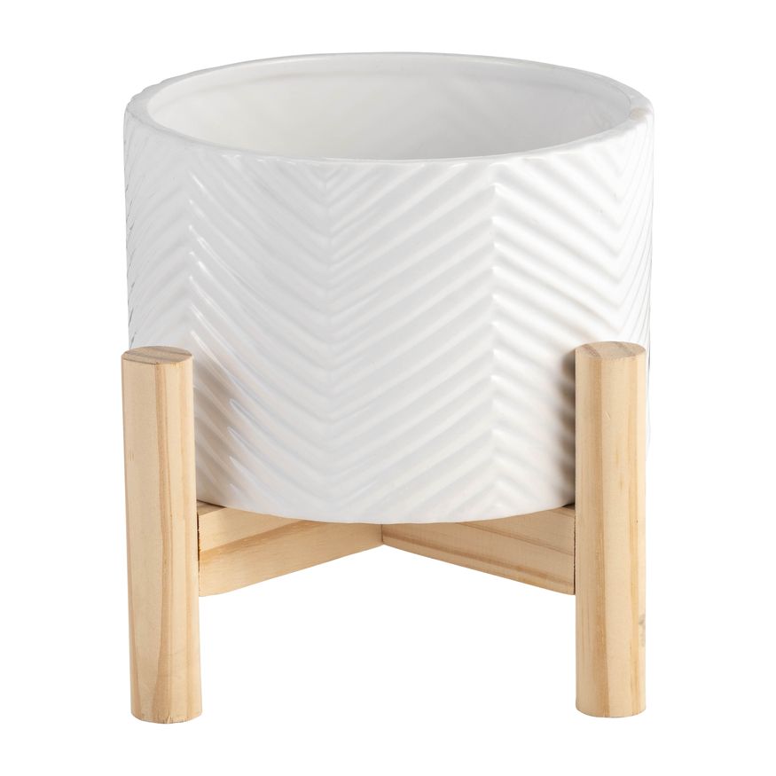 Sagebrook 6" Ceramic Chevron Planter With Wood Stand - White