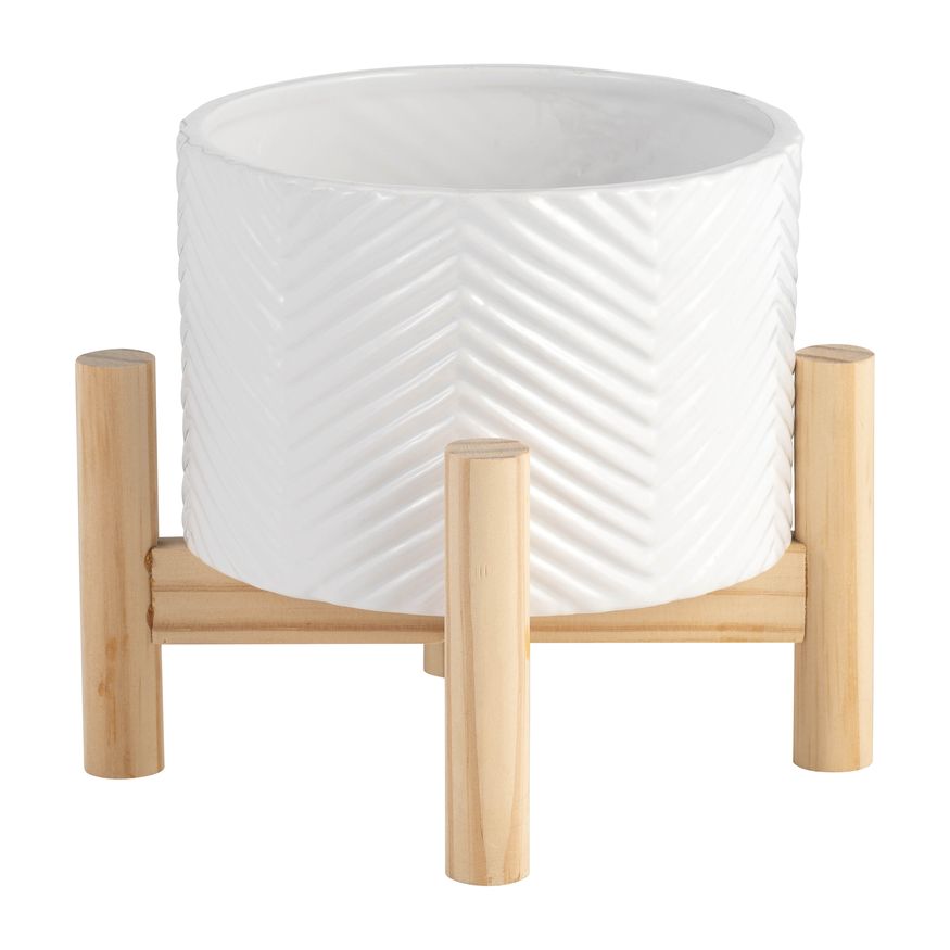 Sagebrook 6" Ceramic Chevron Planter With Wood Stand - White