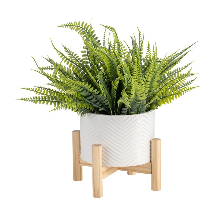 Sagebrook 6" Ceramic Chevron Planter With Wood Stand - White