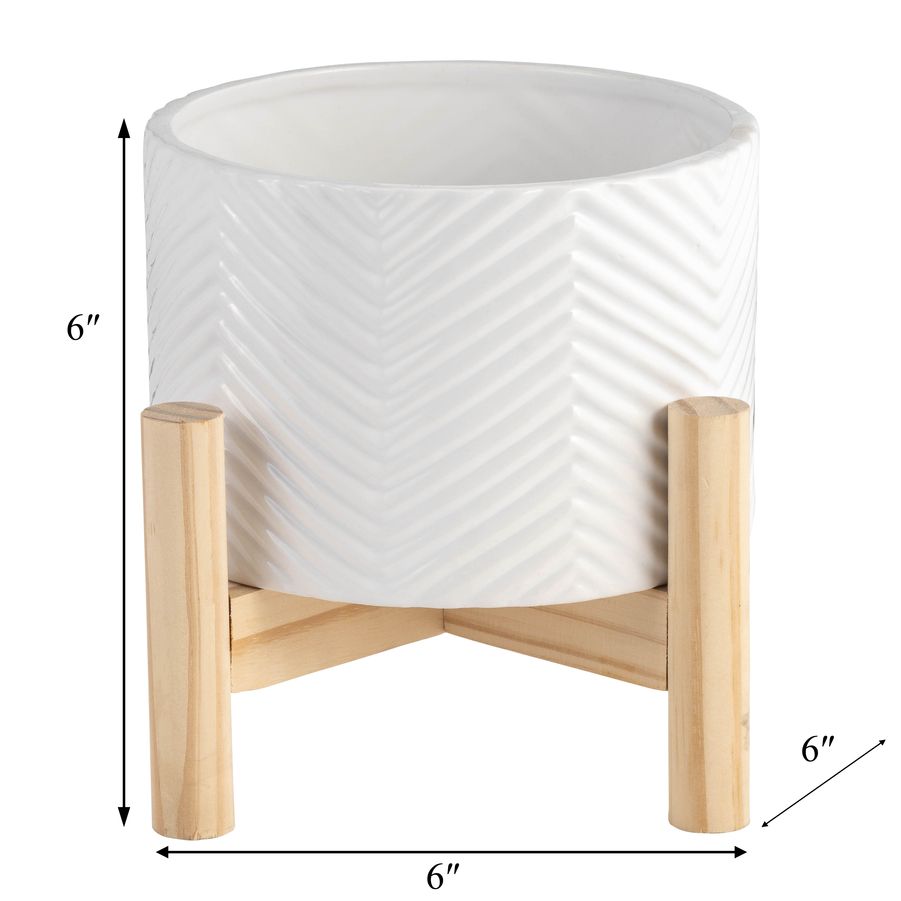 Sagebrook 6" Ceramic Chevron Planter With Wood Stand - White