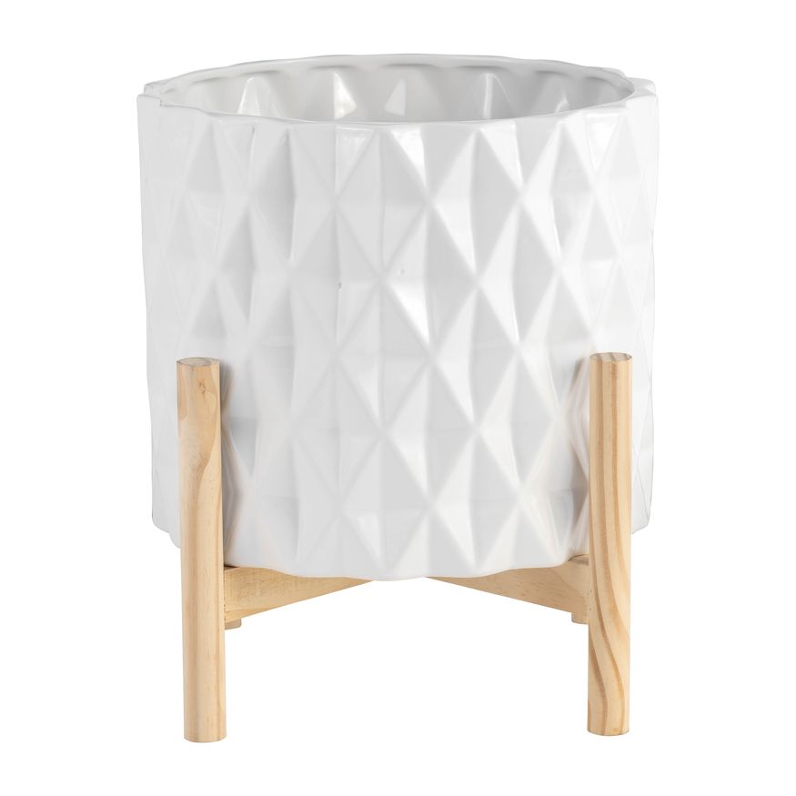 Sagebrook 12" Ceramic Diamond Planter With Wood Stand - White