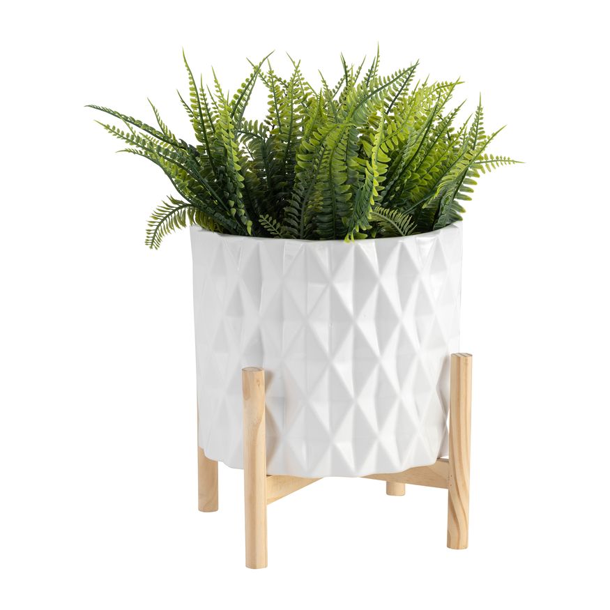 Sagebrook 12" Ceramic Diamond Planter With Wood Stand - White