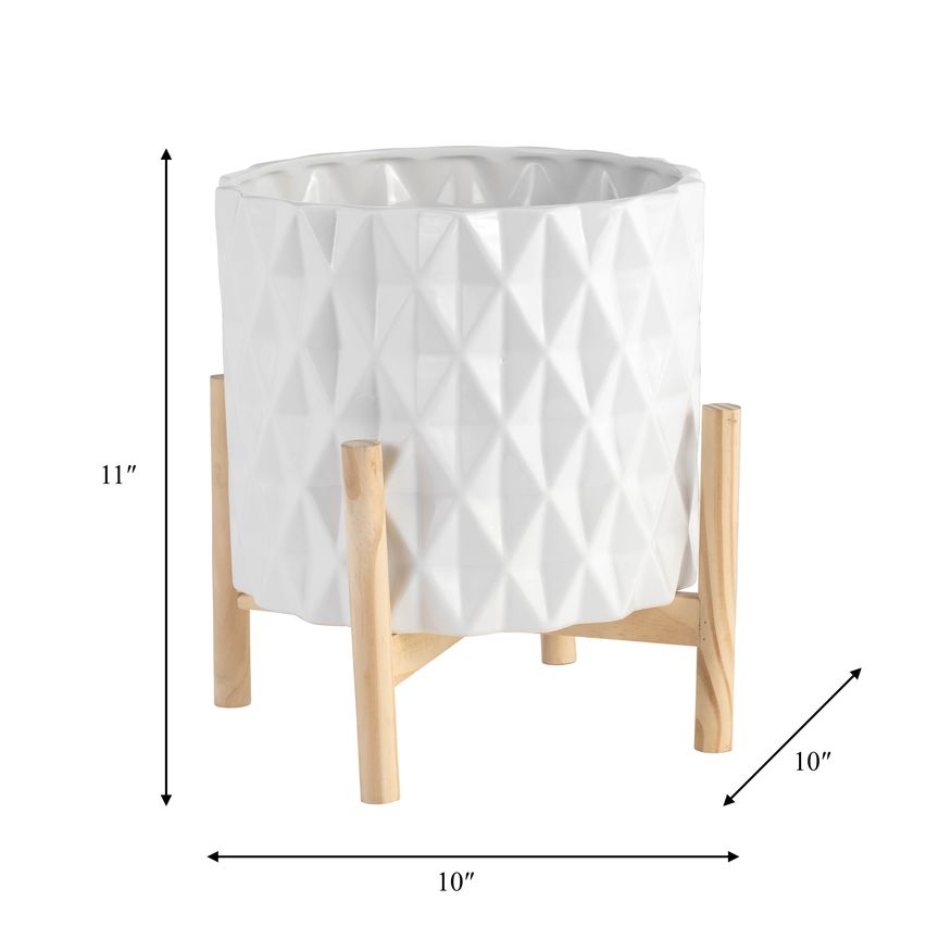 Sagebrook 12" Ceramic Diamond Planter With Wood Stand - White