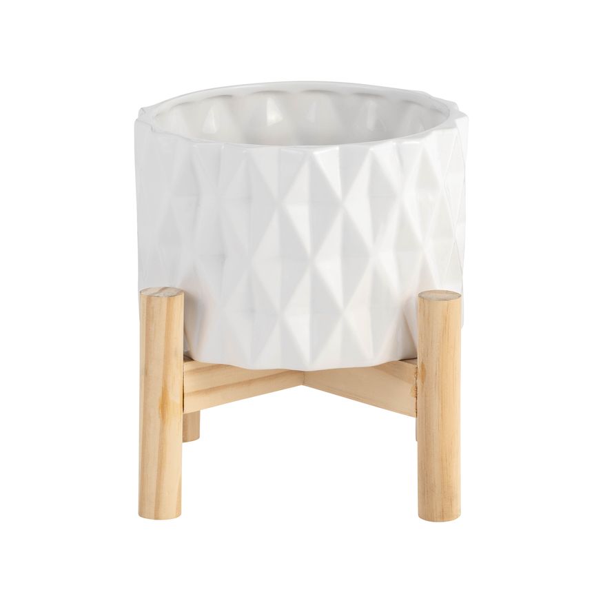 Sagebrook 6" Ceramic Diamond Planter With Wood Stand - White