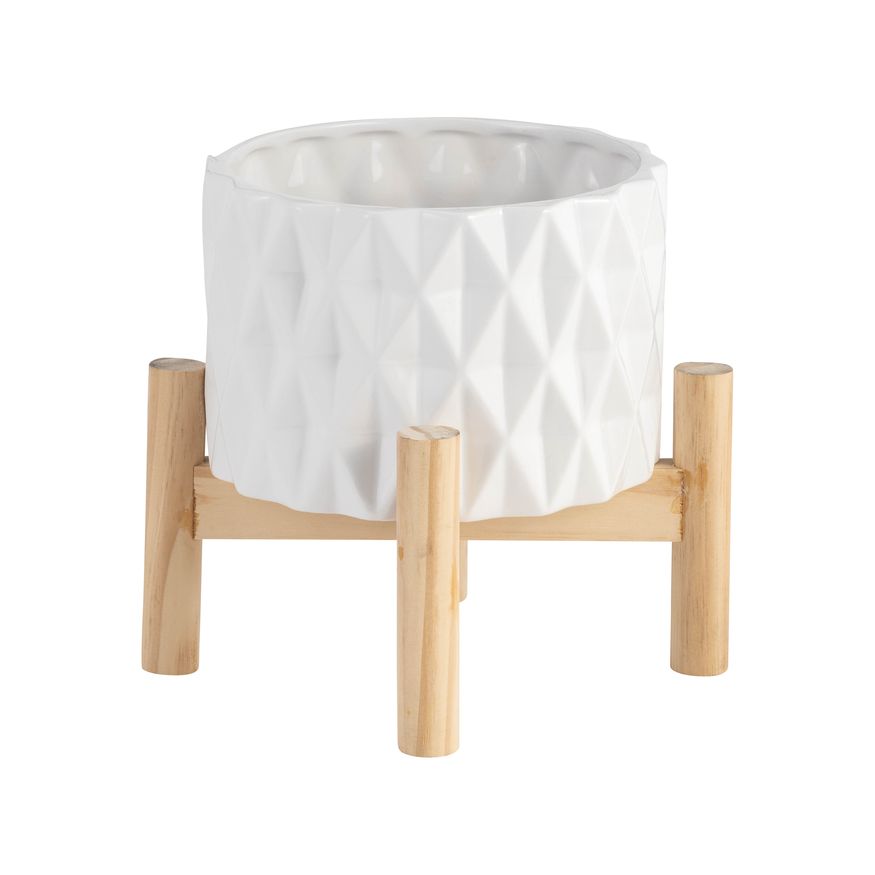 Sagebrook 6" Ceramic Diamond Planter With Wood Stand - White